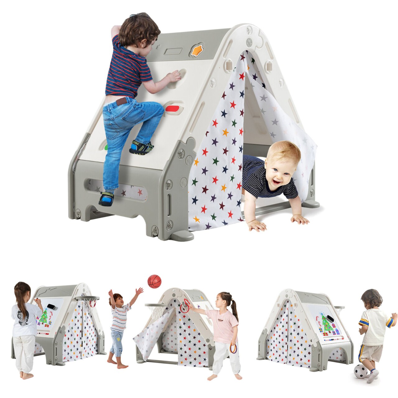 Gymax Kids Triangle Climber Hideaway Play Tent House w/ Climbing Walland White Board